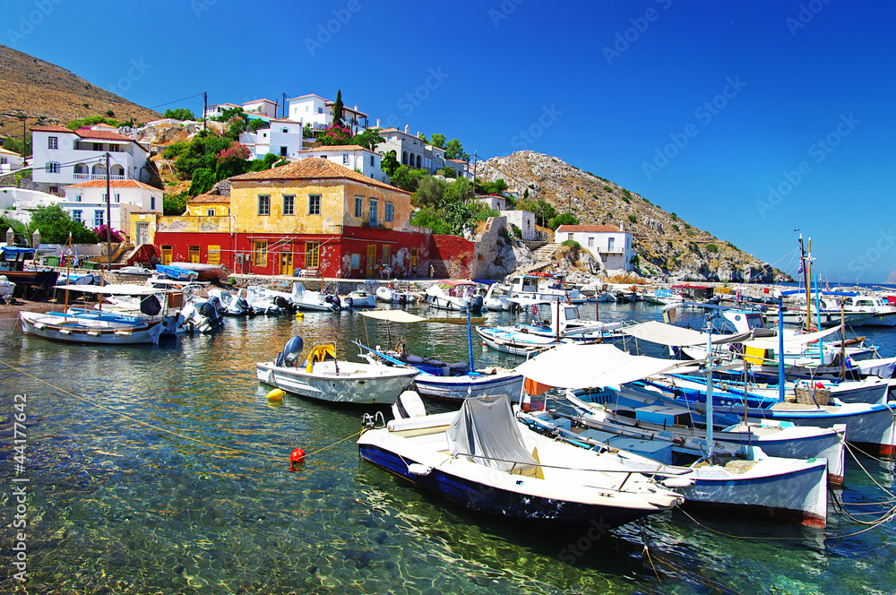 small traditional harbors in greek silands . Hydra