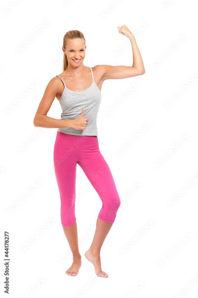 young woman with thumb up on white background young woman with thumb up on white background