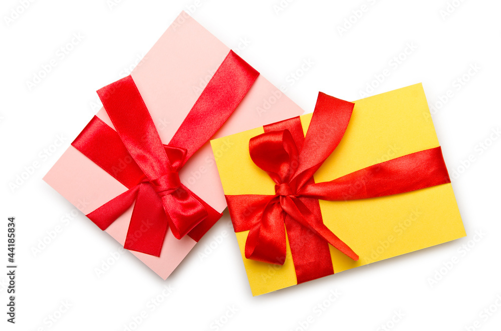 Envelope with colourful ribbon on white Envelope with colourful ribbon on white