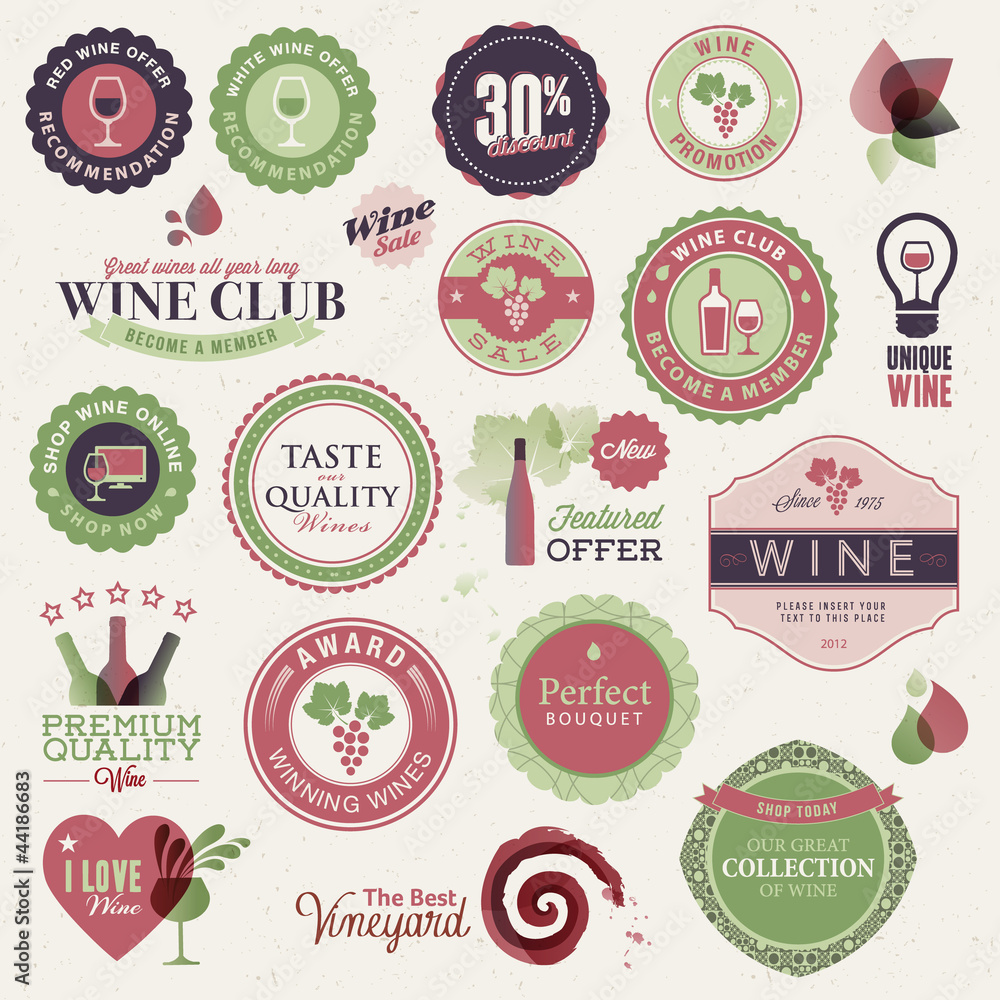 Set of labels and elements for wine