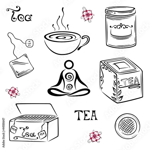 Tee, tea, Kirschblüten, Wellness, vector set