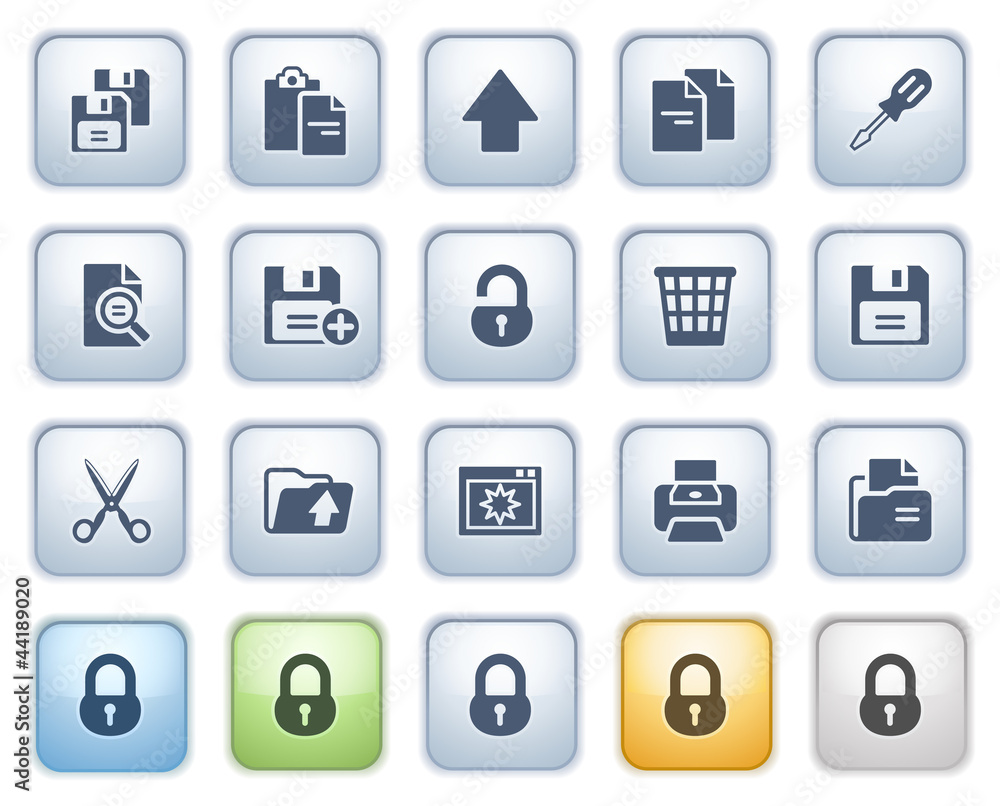 Document icons on buttons, set 1. Color series. Document icons on buttons, set 1. Color series.