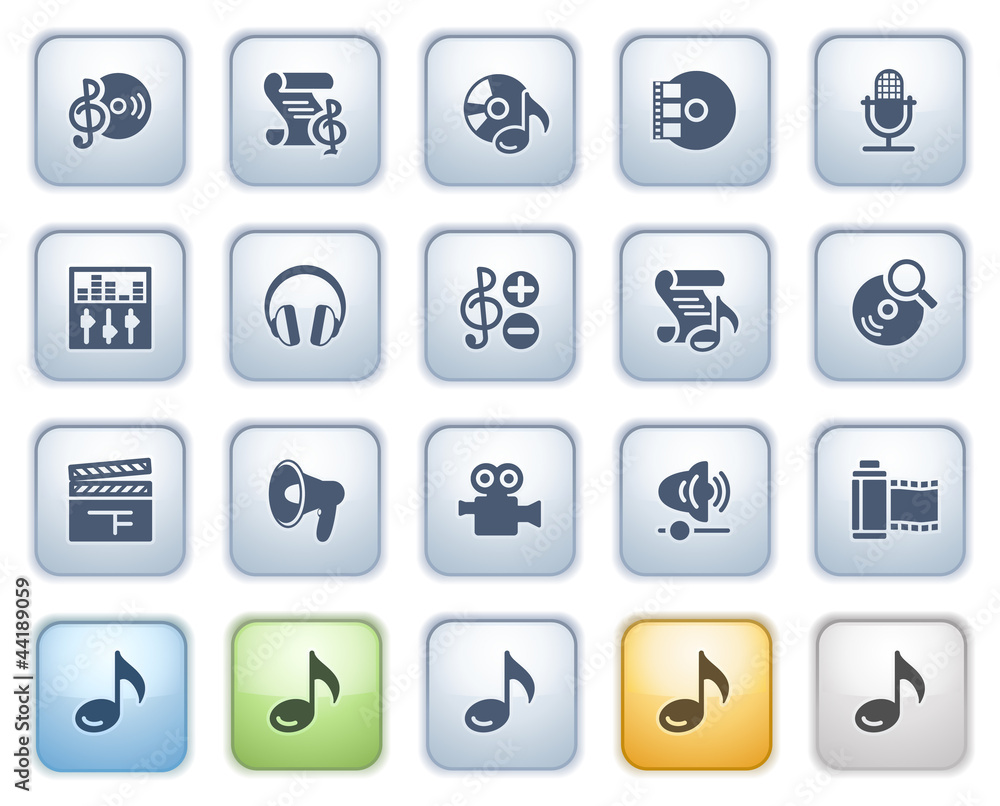 Audio video icons on buttons. Color series.