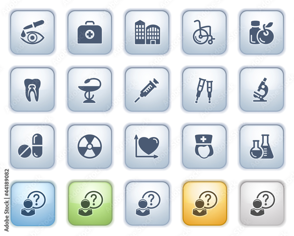 Medicine icons on buttons, set 2. Color series. Medicine icons on buttons, set 2. Color series.