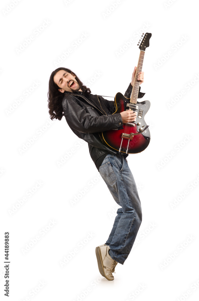 Young man playing guitar on white Young man playing guitar on white
