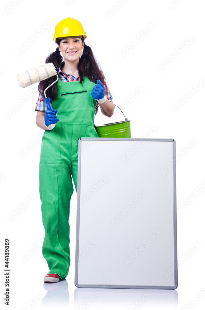 Woman builder with blank board Woman builder with blank board