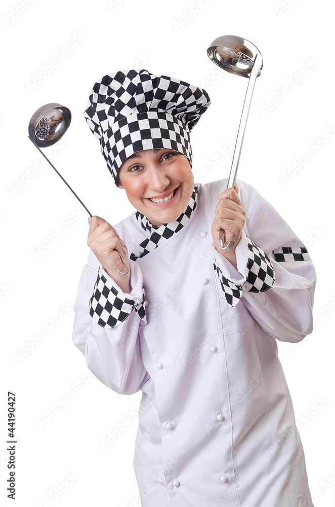 Woman cook with ladle on white