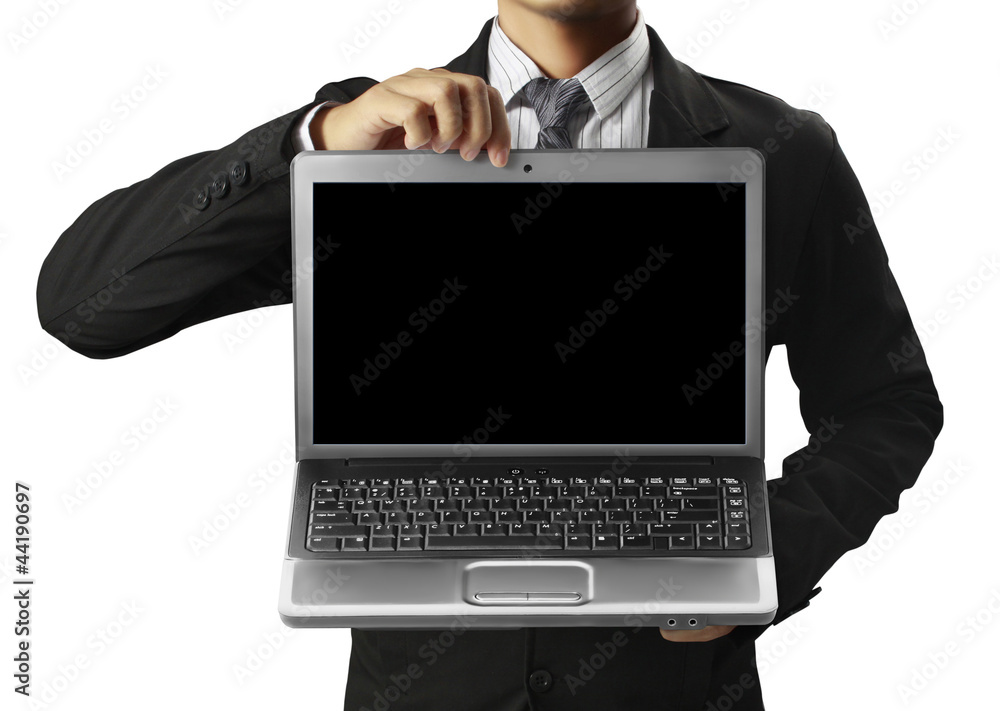  holding a laptop