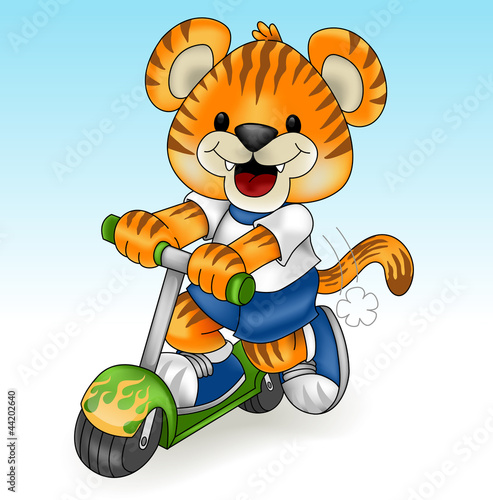 Tigre radical andando de patinete