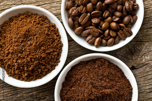 coffee beans, ground coffee and instant coffee