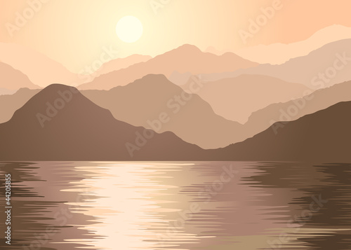 Foggy mountains and lake