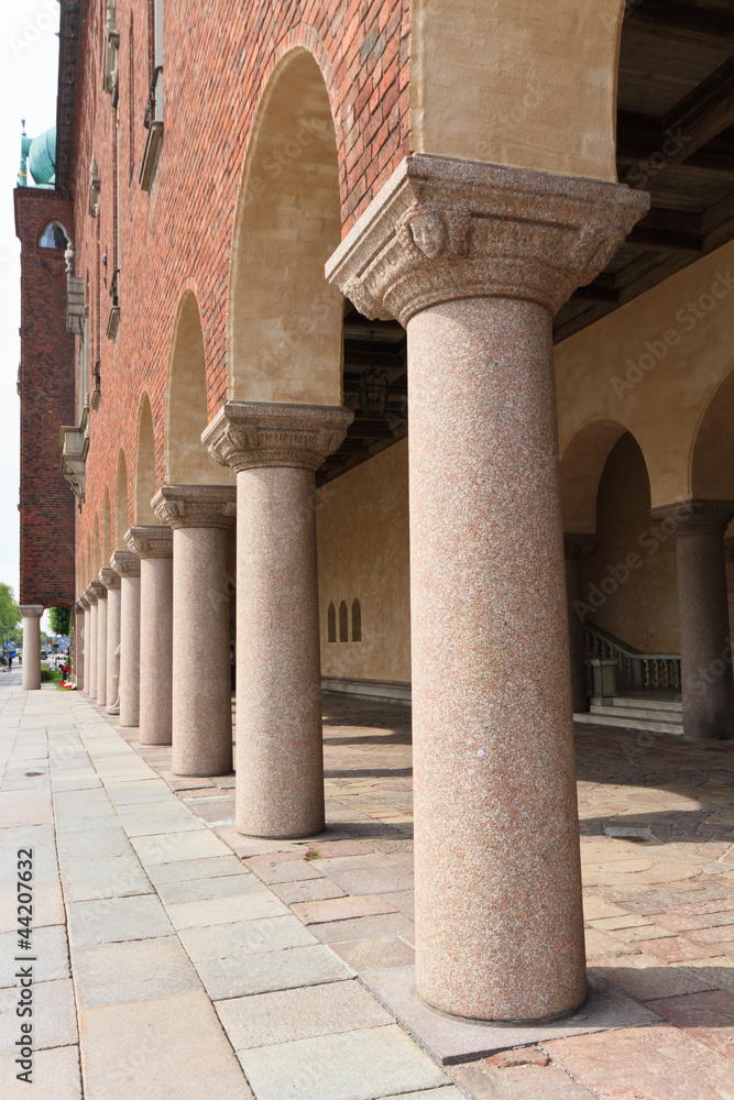 Columns and walls of the City Hall in Stockholm, Sweden