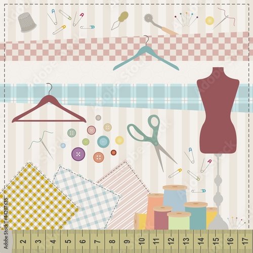Colorful illustration of various sewing tools and fabrics.