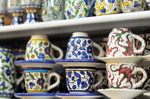 Shop stands with traditional Israeli souvenirs