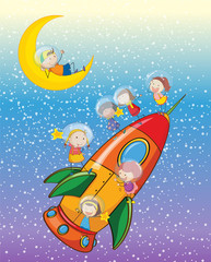 Fototapete Kosmos Kinder auf Mond mit Raumschiff  © GraphicsRF