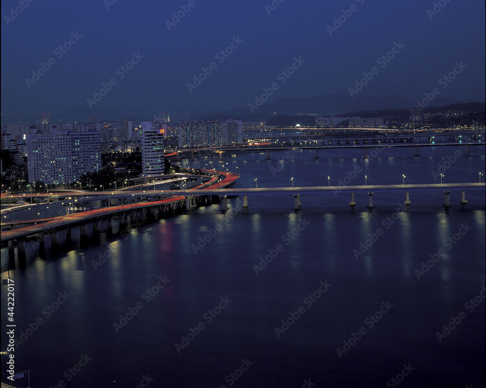 night view of riverside road and bridge over Han River