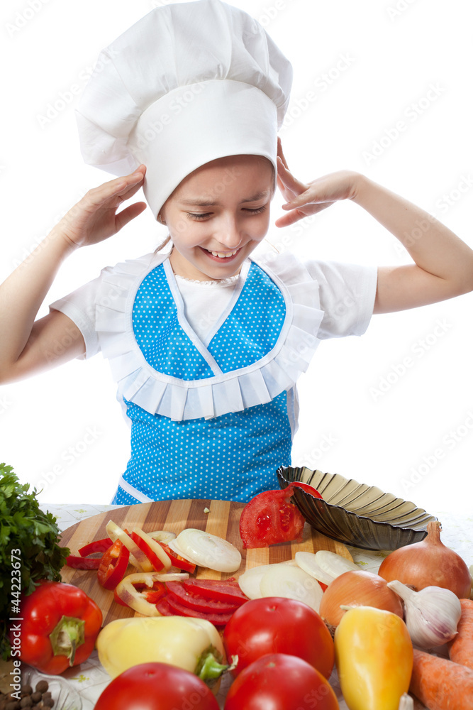 surprised little cook dropping a plate with salad surprised little cook dropping a plate with salad