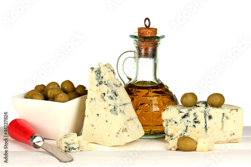 composition of blue cheese and olives in a bowl
