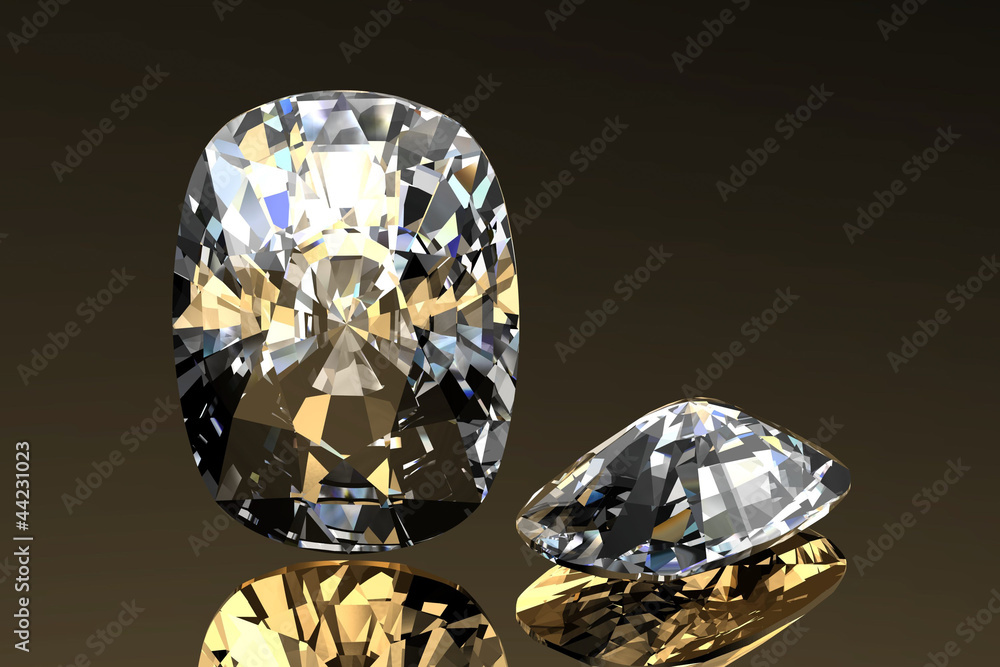 Diamond jewel with reflections on gold background Diamond jewel with reflections on gold background