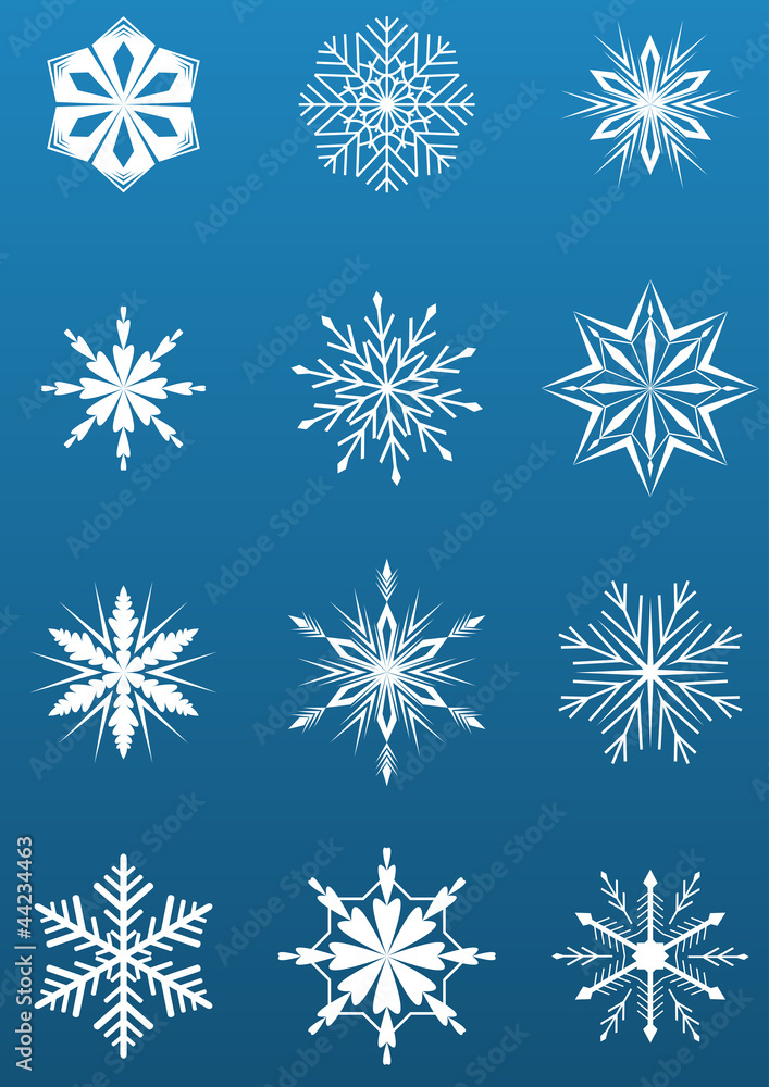 White snowflake shapes on blue background White snowflake shapes on blue background