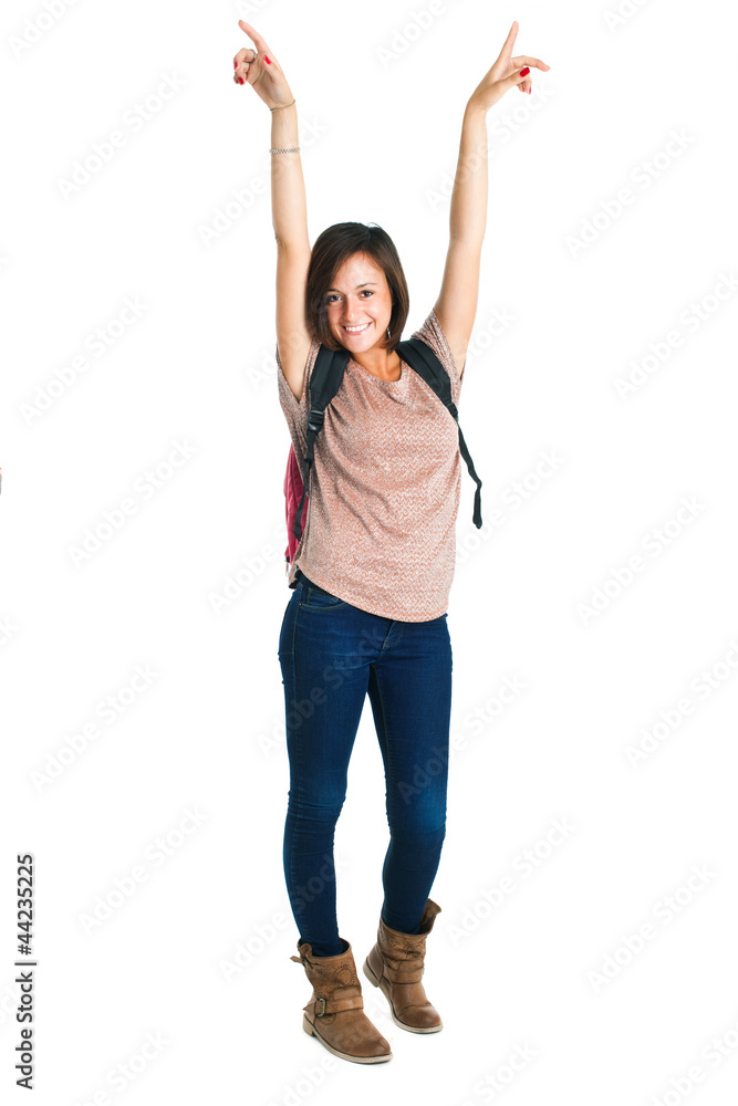 Student with arms raised up