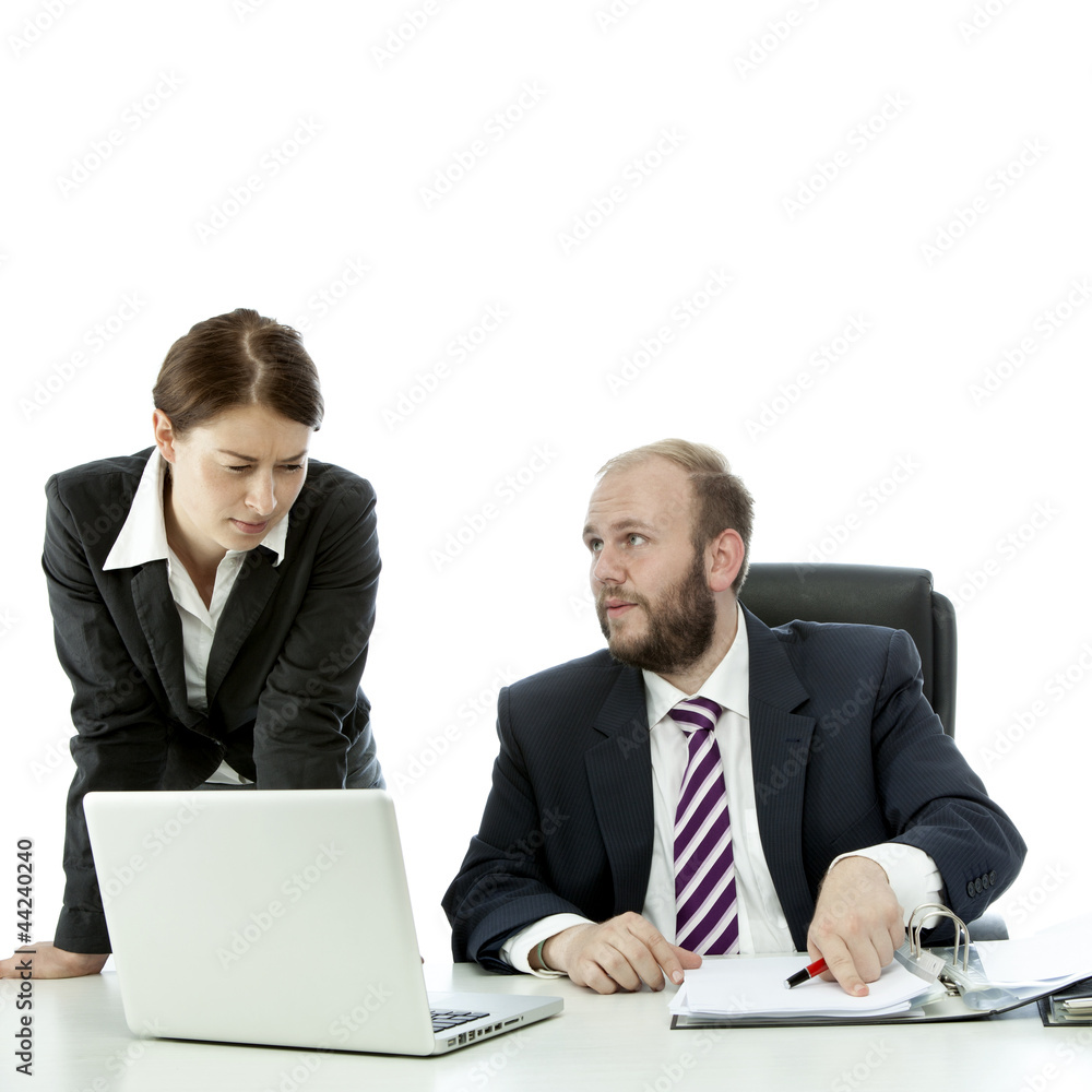 beard business man brunette woman at desk show document beard business man brunette woman at desk show document