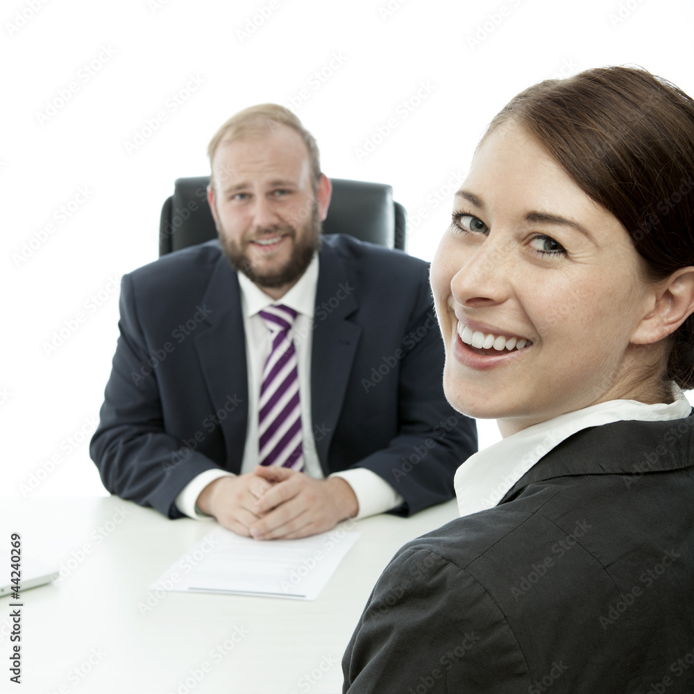 beard business man brunette woman at desk smile beard business man brunette woman at desk smile