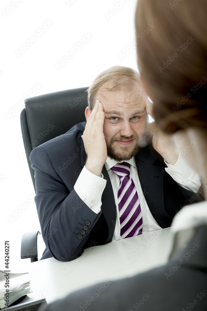 Fototapeta premium beard business man brunette woman at desk headache