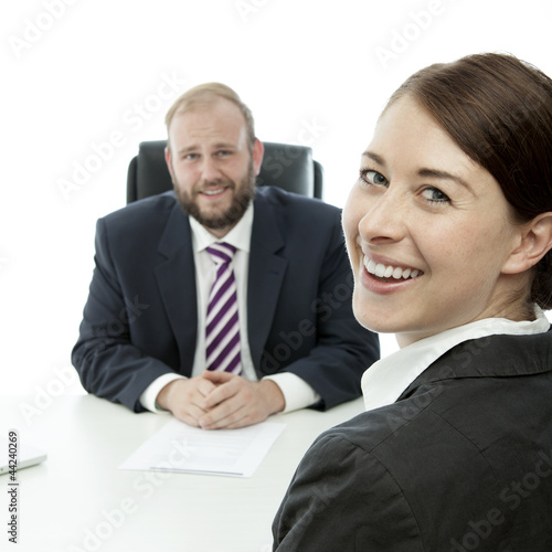 Wallpaper Mural beard business man brunette woman at desk smile Torontodigital.ca