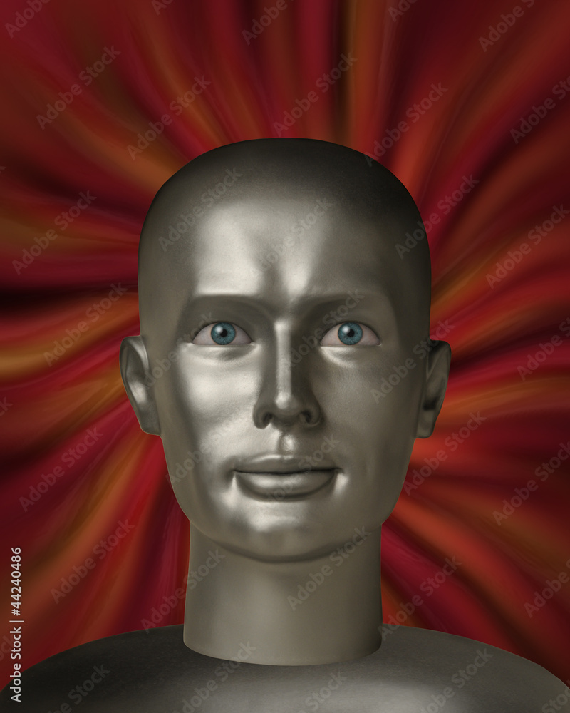 Android robot head with human eyes in a red vortex Android robot head with human eyes in a red vortex