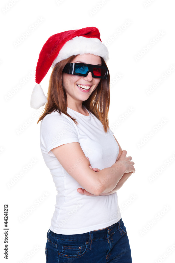 cheerful girl in santa hat and 3d glasses cheerful girl in santa hat and 3d glasses
