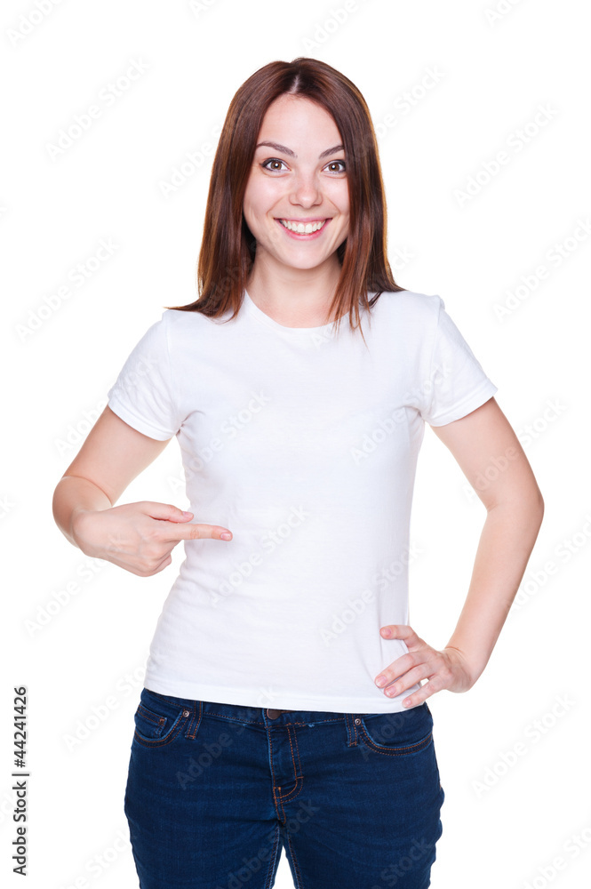 woman pointing at her white t-shirt woman pointing at her white t-shirt