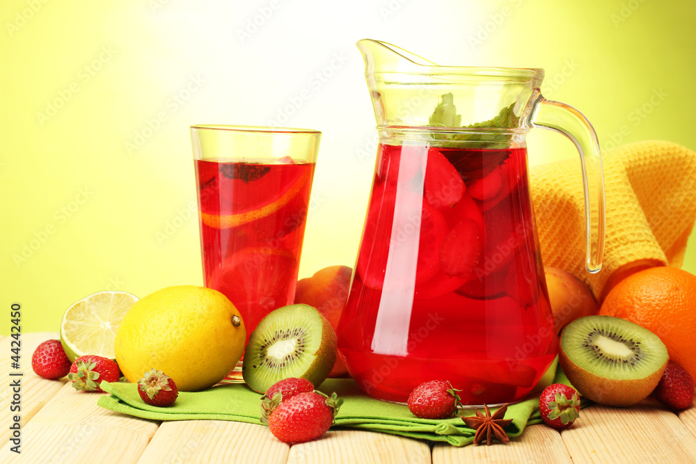 sangria in jar and glass with fruits, sangria in jar and glass with fruits,