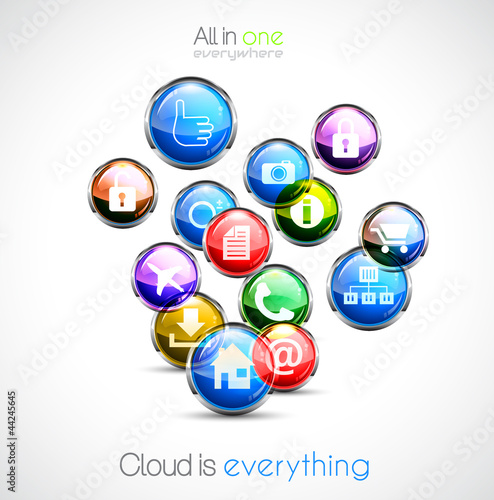 Cloud computin concept background with a lot of glossy sphere