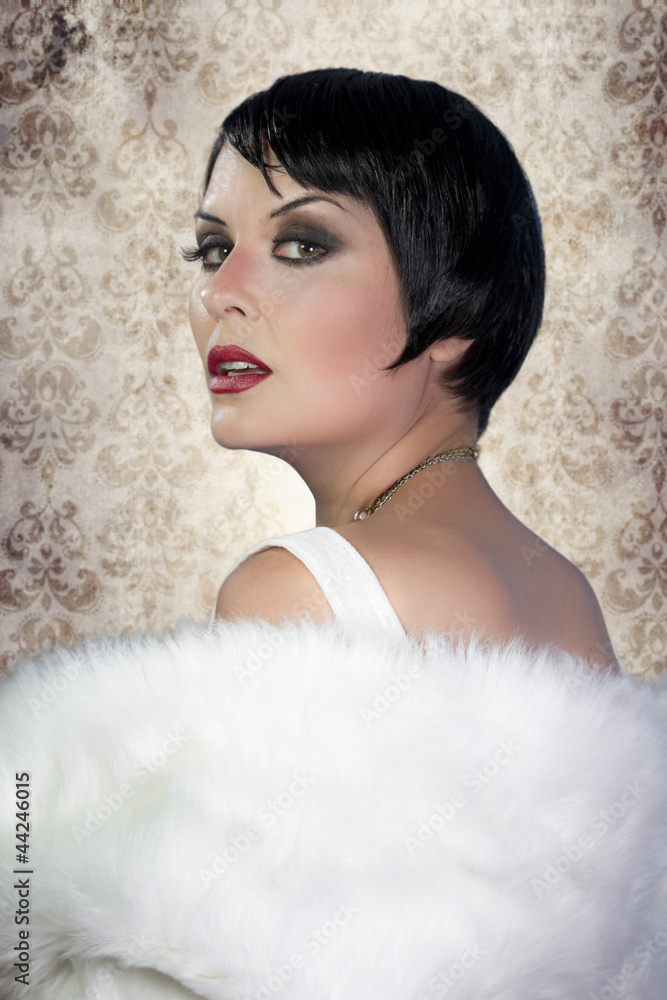 gourgeos female brunette flapper wearing pearls and fur, old hol gourgeos female brunette flapper wearing pearls and fur, old hol