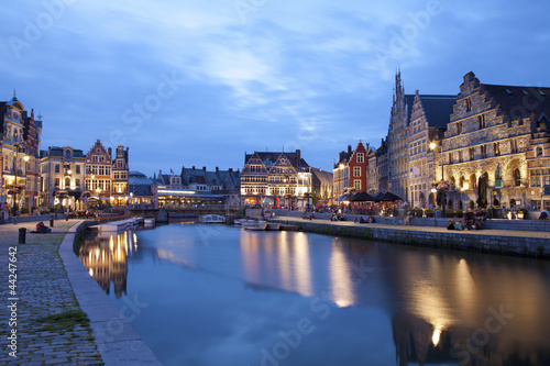 Gent - Typical houses in dusk from Korenlei and Graselei street