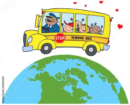 Obraz Szczęśliwe dzieci w szkolnym autobusie wokół Ziemi