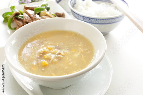 chinese cuisine, corn and mince soup with rice