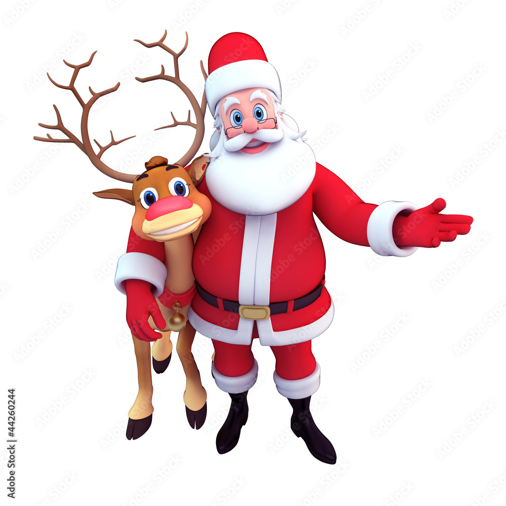 3d art illustration of santa standing with reindeer 3d art illustration of santa standing with reindeer