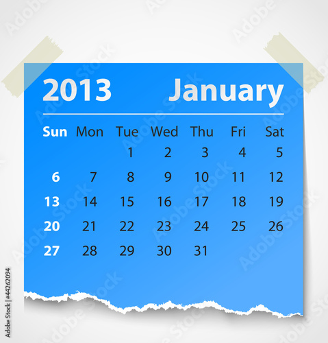 2013 calendar january colorful torn paper