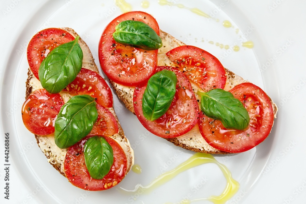 Delicious bread  with tomato and basil
