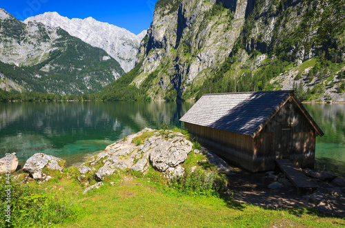 Boathouse at Obersee mountain lake, Germany