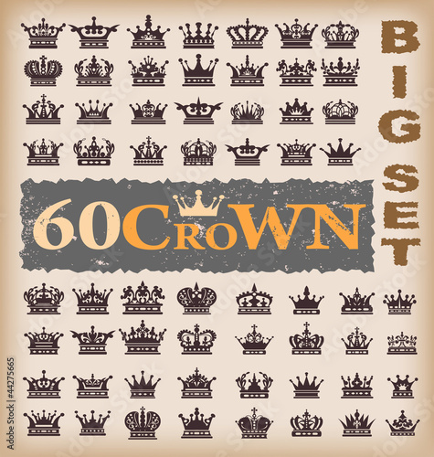 Royal Crown. Big set of isolated symbols. Vintage crowns for your design. Vector illustration set
