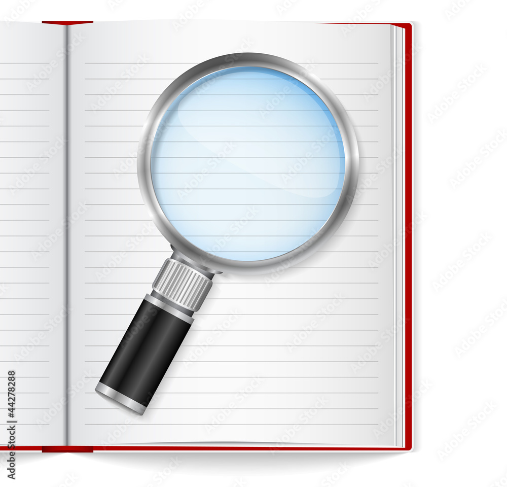 Open book with magnifying glass Open book with magnifying glass