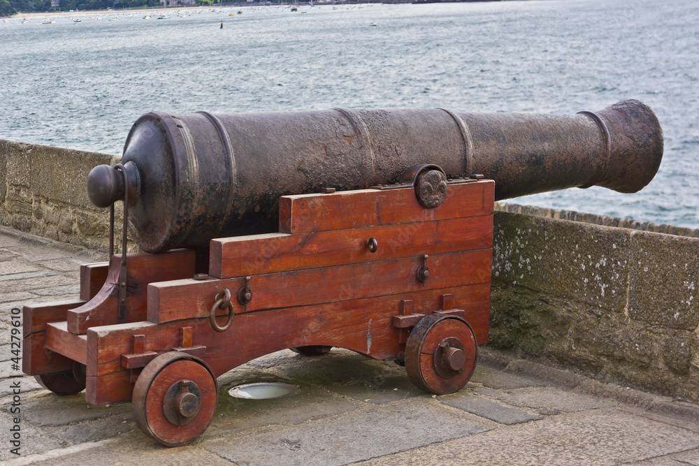 Old cannon at fortress walls in Saint-Malo, France