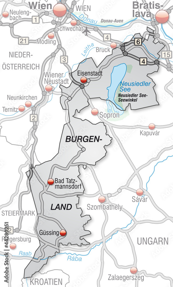 Verkehrskarte des Kantons Burgenland mit Umland