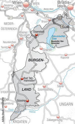 Verkehrskarte des Kantons Burgenland mit Umland