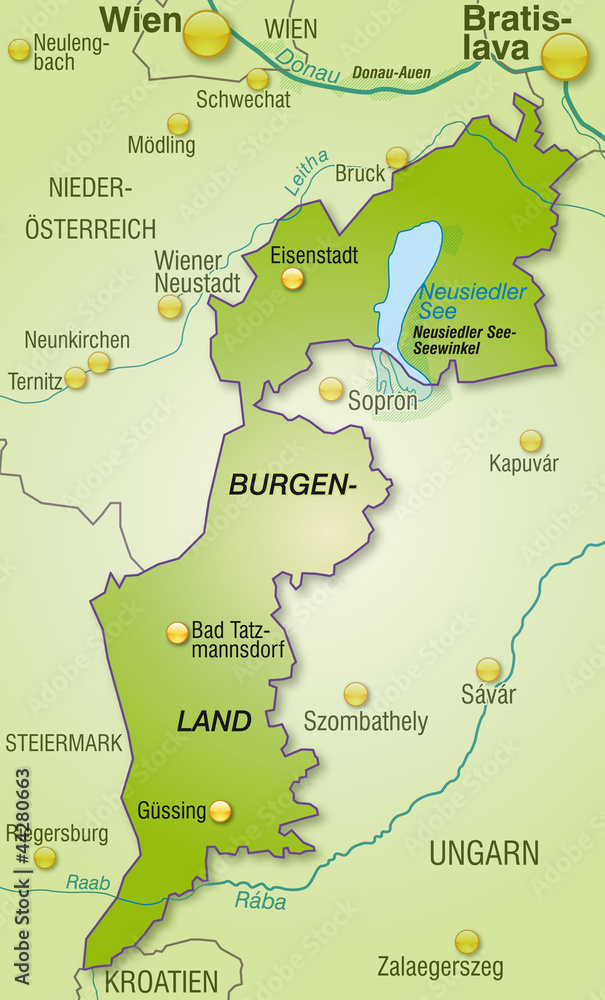 Obraz premium Übersichtskarte des Kantons Burgenland mit Nachbarländern