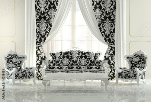 Modern furniture in baroque design interior apartment. Royal sof