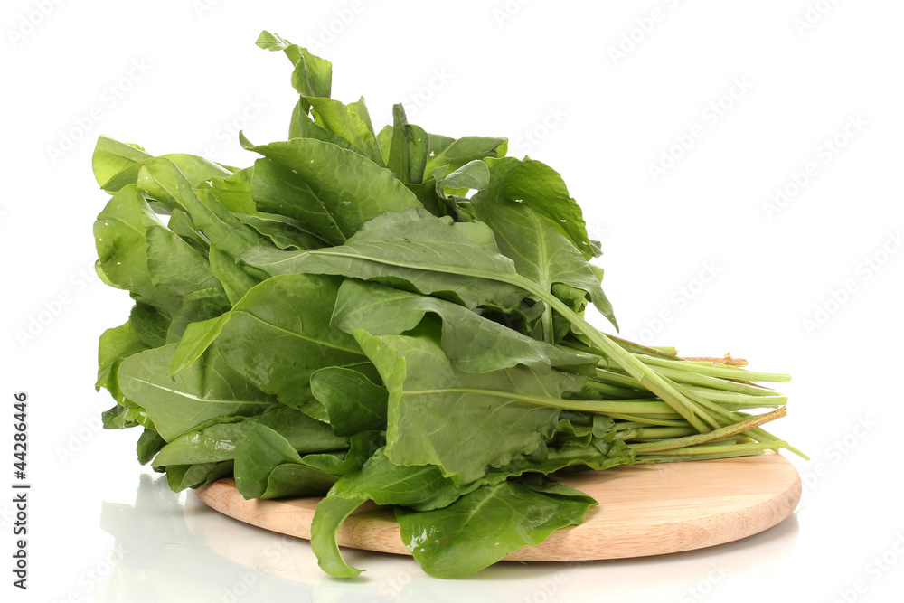 Fresh sorrel on board isolated on white Fresh sorrel on board isolated on white